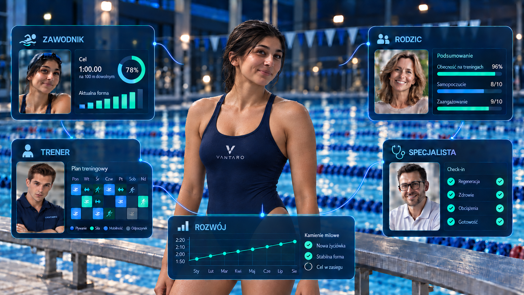 Swimming platform illustration. Behind every step forward  stands a team.